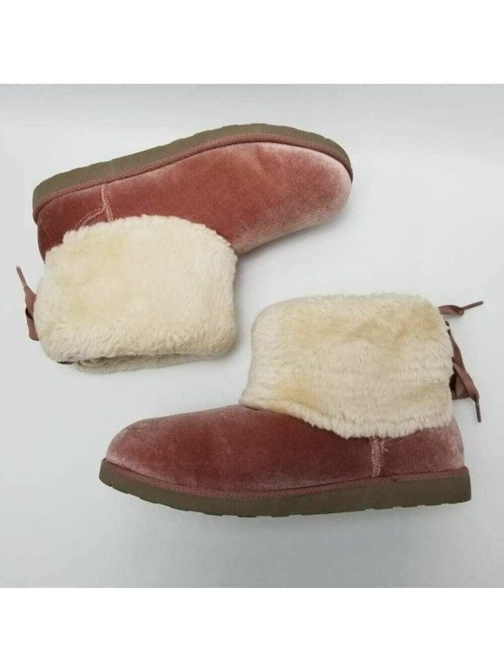 Arizona Pink Velvet Faux Fur Lined Winter Boots With Bow Tie Size 11 - Picture 8 of 12